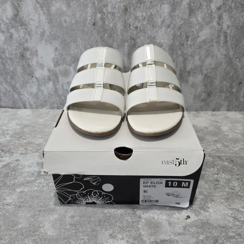 East 5th Cream Triple-Strap Low Block Heel Slide Sandals